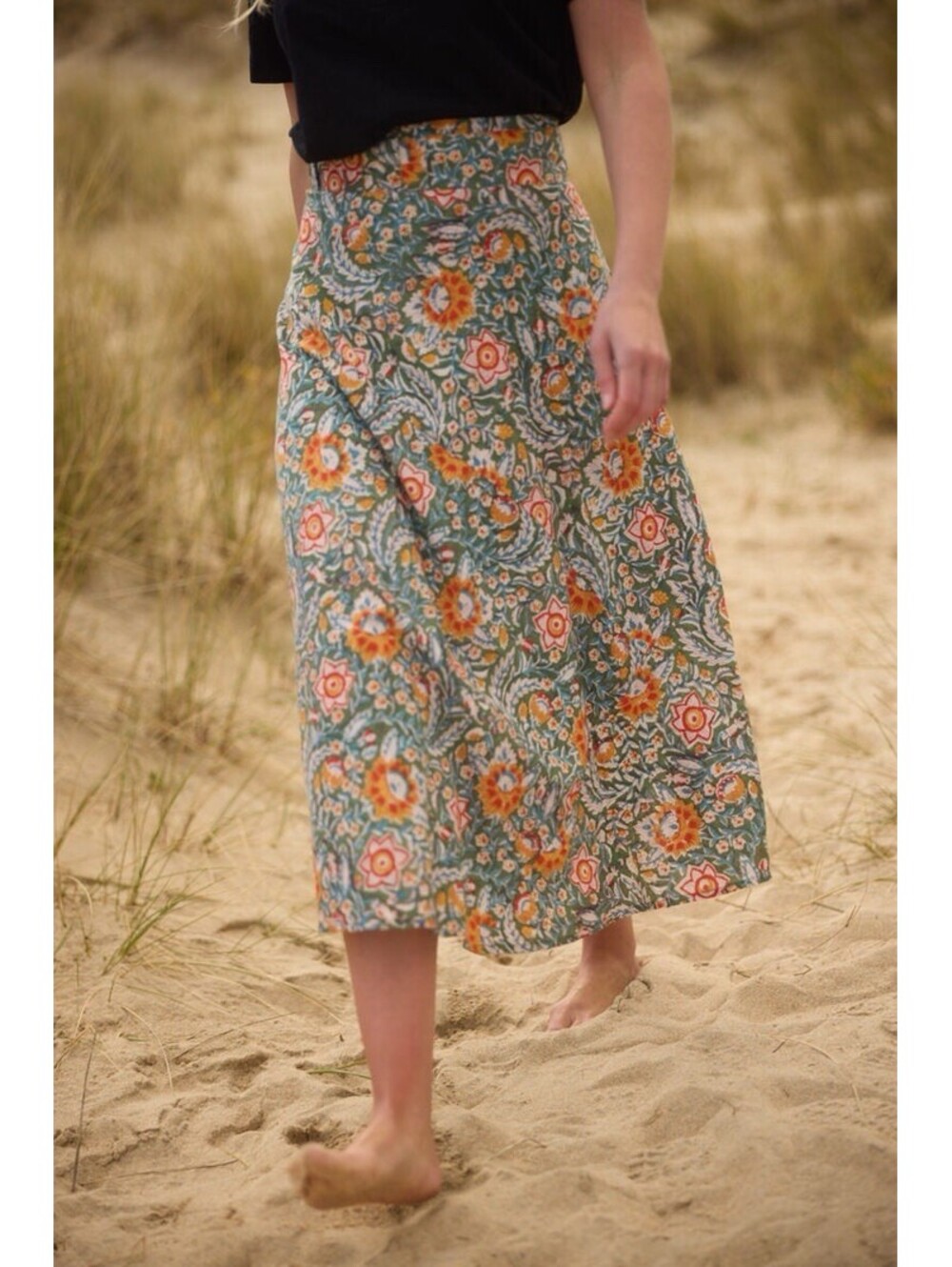 Banjaara Midi Wrap Skirt Blue Yellow Floral Hand Block Print Cotton L/XL - Picture 1 of 12